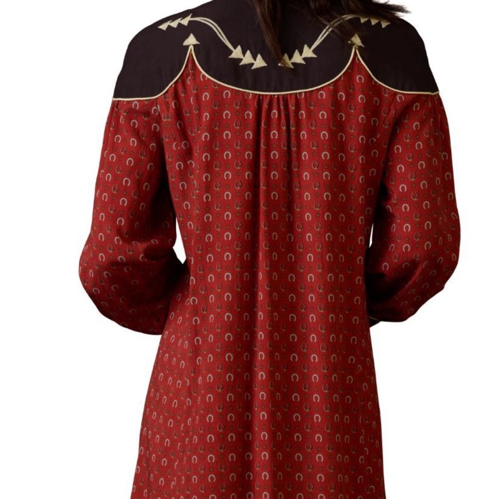 Double D Ranch Red Western-Print Maxi Dress with Black Yoke and Gold Trim